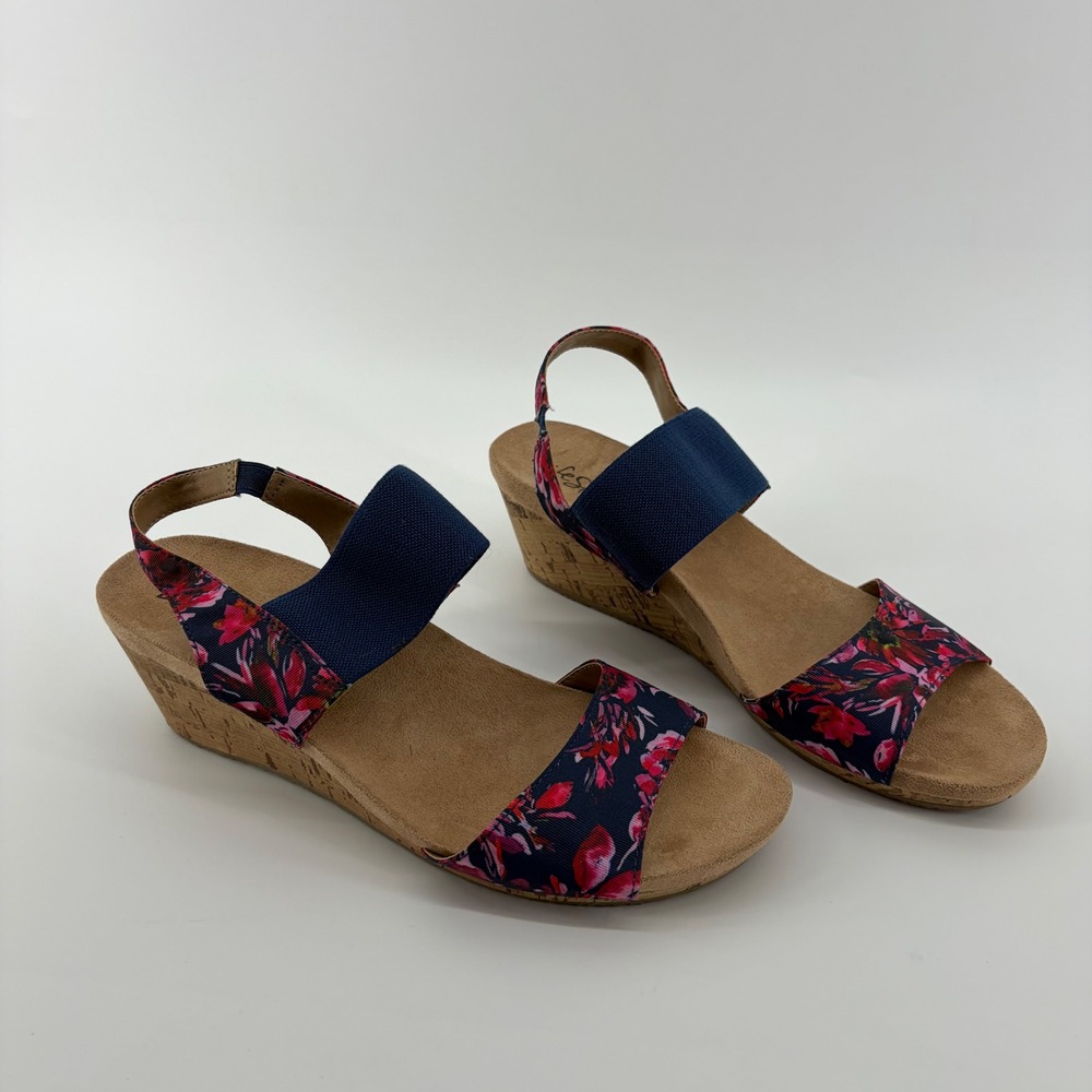 LifeStride Women's Wedge Sandals Floral Print Navy Blue Pink Cork‎ Wedge Size 9